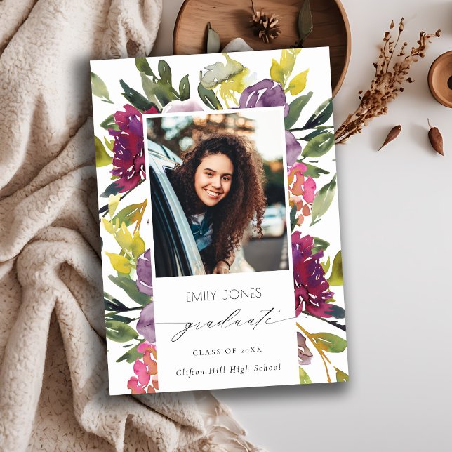 Chic Burgundy Yellow Pink Floral Photo Graduation Announcement (Creator Uploaded)