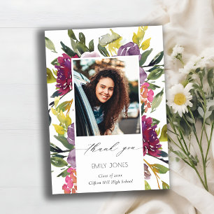 Chic Burgundy Yellow Pink Floral Photo Graduation Thank You Card