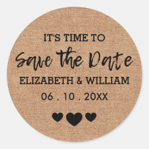 Chic Burlap Save the Date Stickers Heart Wedding