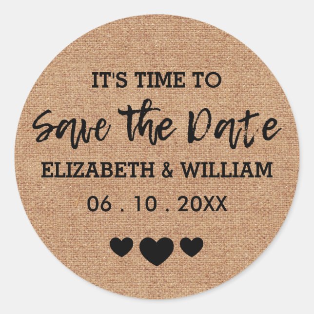 Chic Burlap Save the Date Stickers Heart Wedding (Front)