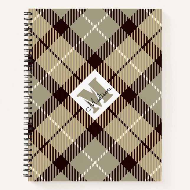 Chic Burlywood Grey Plaid Tartan Personalised Name Notebook (Front)