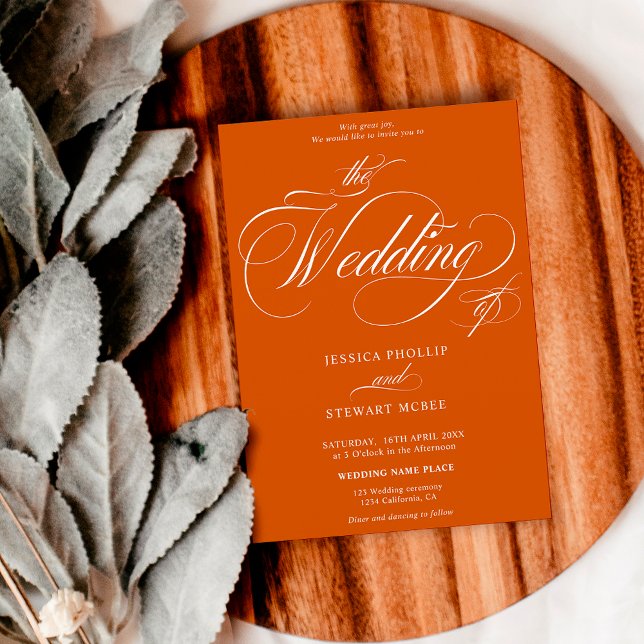 Chic burnt orange all in one calligraphy wedding invitation (Creator Uploaded)
