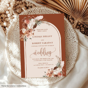 Chic Burnt Orange Pampas Grass Boho Wedding Invite