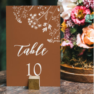 Chic Burnt Orange Wildflowers Terracotta Wedding Table Number
