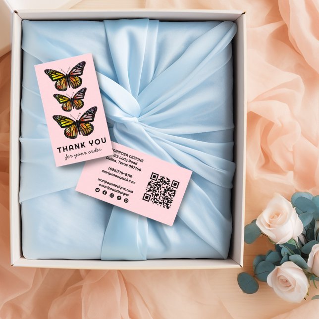 Chic Butterflies Customer Order Thank You QR Code  Business Card (Cute watercolor pink orange butterflies on these custom thank you business cards, social media & QR.)