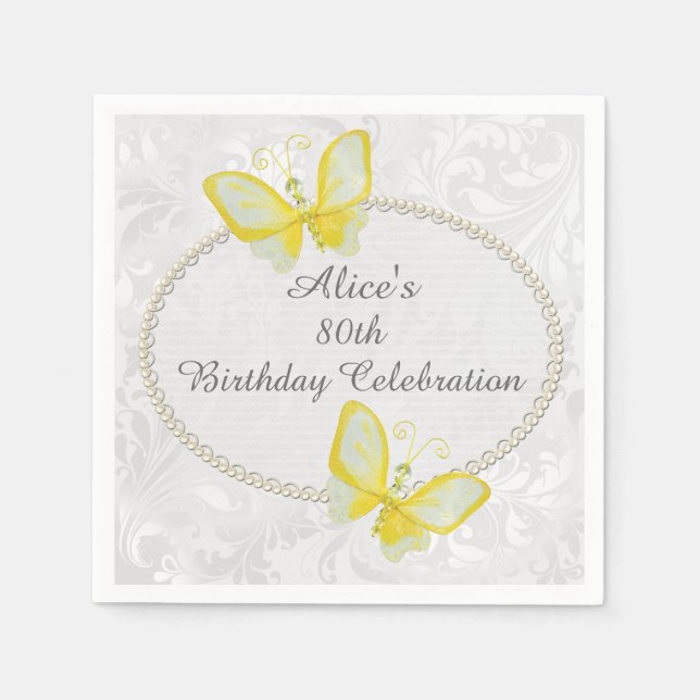 Chic Butterflies Damask 80th Birthday Personalised Napkin (Front)