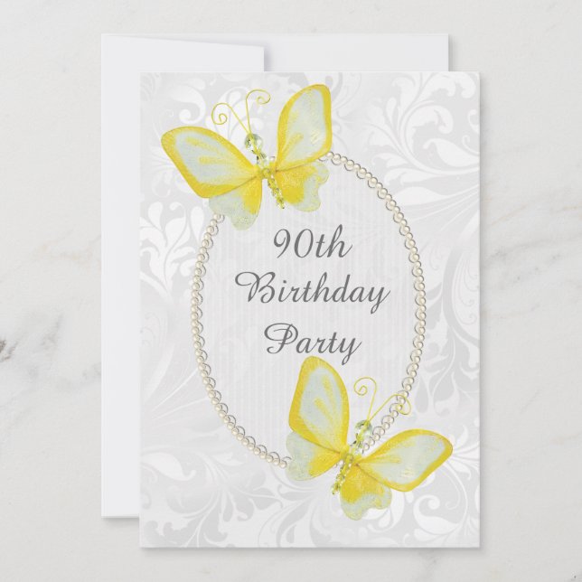 Chic Butterflies Damask 90th Birthday Double Sided Invitation (Front)