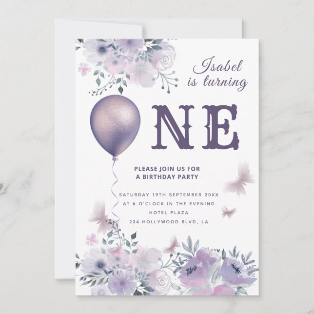 Chic Butterfly floral balloon lilac 1st birthday Invitation (Front)