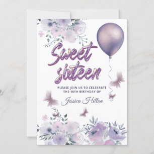 Chic Butterfly floral balloon lilac sweet sixteen  Invitation
