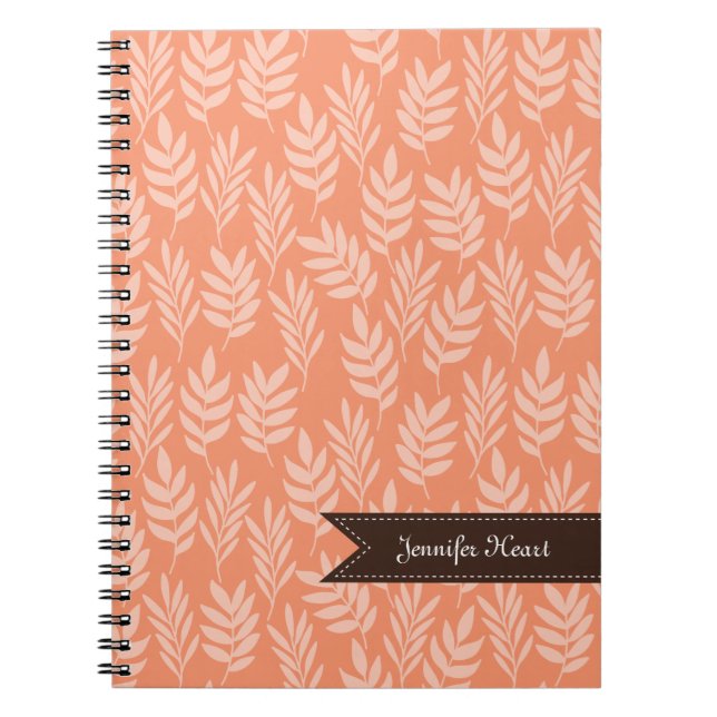 Chic Cadmium Orange Elegant Leaf Pattern and Name Notebook (Front)