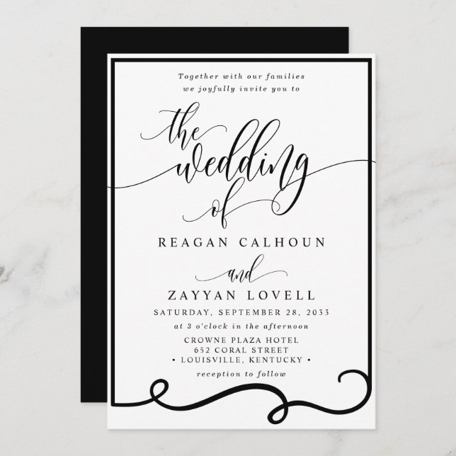 Chic Calligraphy Black and White Wedding Invitation (Front/Back)