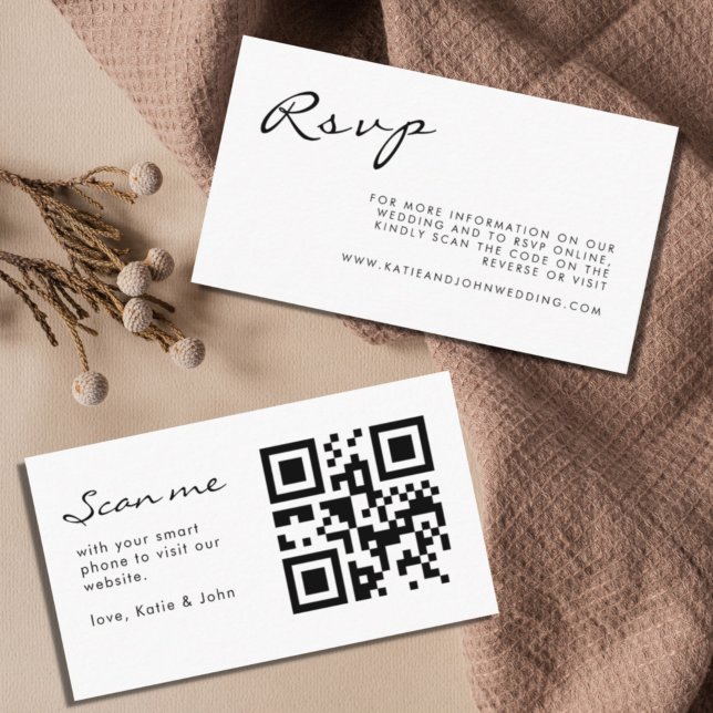 Chic Calligraphy Black White Wedding QR Code RSVP Enclosure Card (Creator Uploaded)