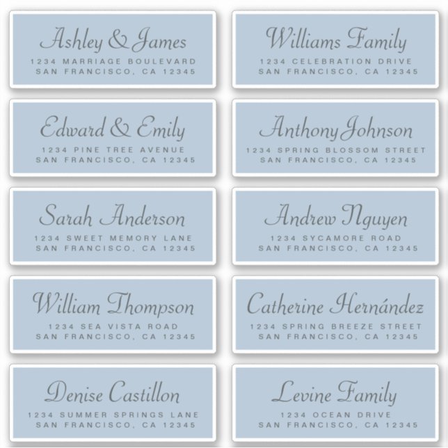 Chic Calligraphy Blue Guest Address Labels (Front)