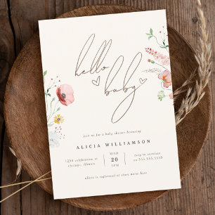 Chic Calligraphy Boho Wildflower Girl Baby Shower Invitation