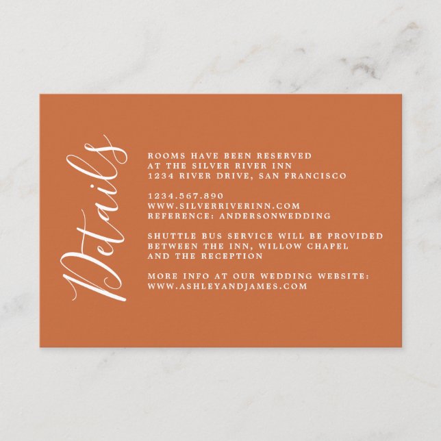 Chic Calligraphy Burnt Orange Wedding Details Enclosure Card (Front)