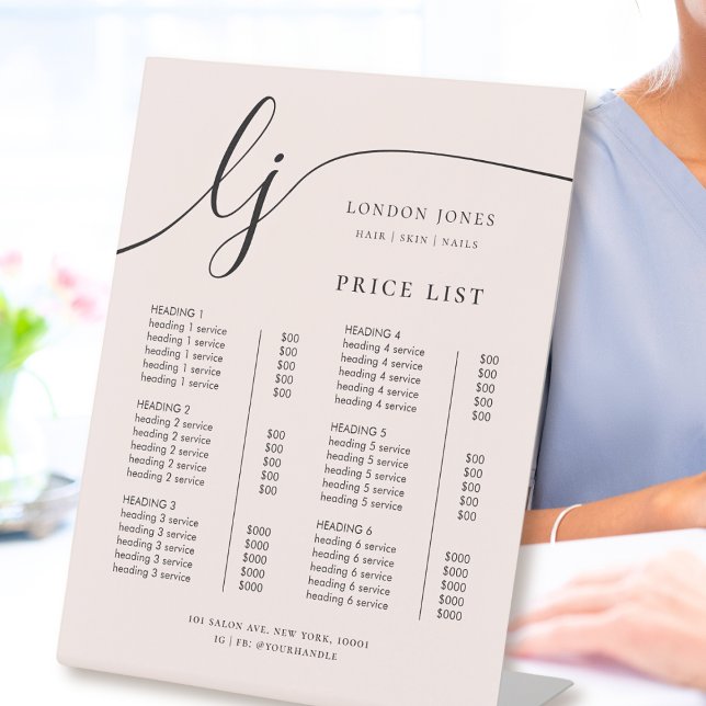 Chic Calligraphy Business Service Blush Price List Pedestal Sign (Creator Uploaded)