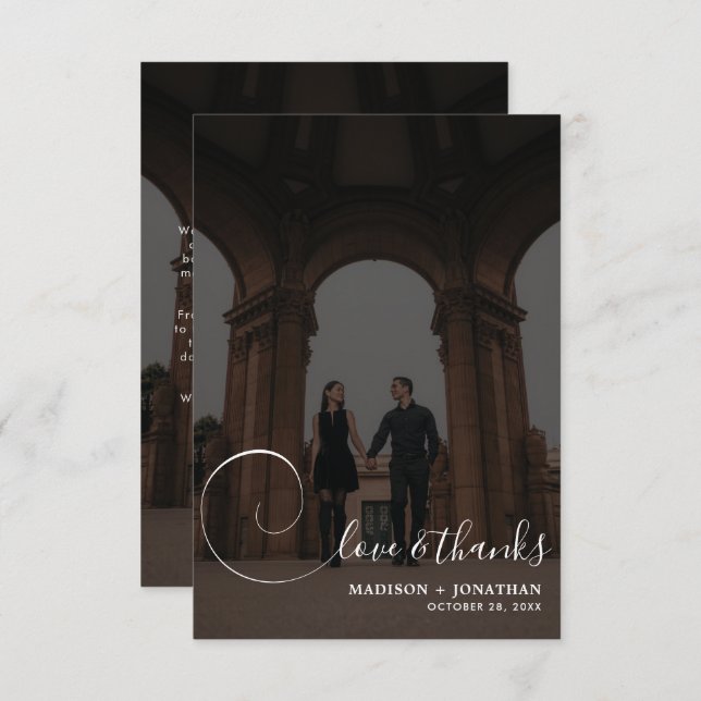 Chic Calligraphy Dark Grey 2 Photo Wedding Thank You Card (Front/Back)