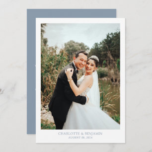 Chic Calligraphy Dusty Blue Script Photo Wedding Thank You Card