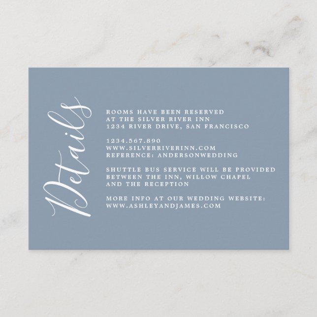 Chic Calligraphy Dusty Blue Wedding Details Enclosure Card (Front)