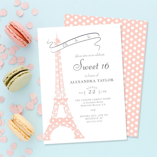 Chic Calligraphy Eiffel Paris Polka Dots Sweet 16 Invitation (Creator Uploaded)