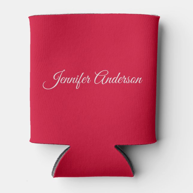 Chic Calligraphy Elegant Cherry Red Personalised Can Cooler (Front)
