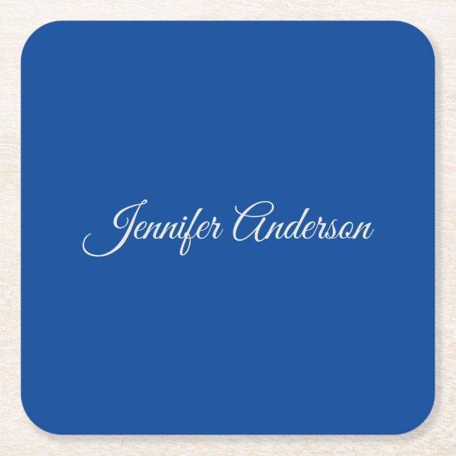 Chic Calligraphy Elegant Deep Blue Personalised Square Paper Coaster (Front)