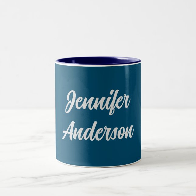 Chic Calligraphy Elegant Ocean Blue Personalised Two-Tone Coffee Mug (Center)