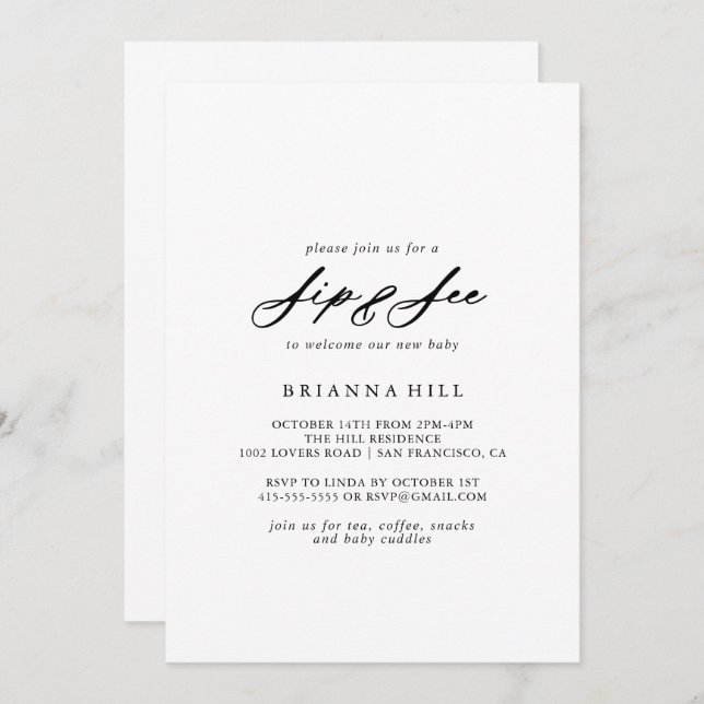 Chic Calligraphy Elegant Sip and See  Invitation (Front/Back)