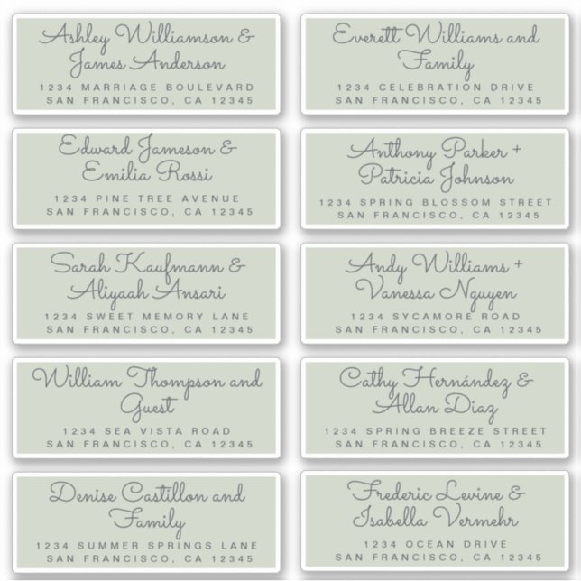 Chic Calligraphy Green Guest Address Labels (Front)