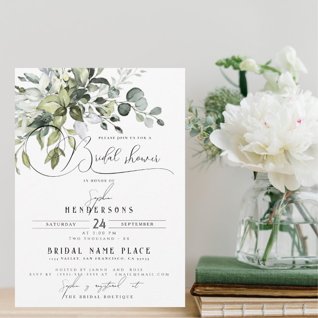 Chic calligraphy Greenery Eucalyptus Bridal Shower Invitation (Creator Uploaded)
