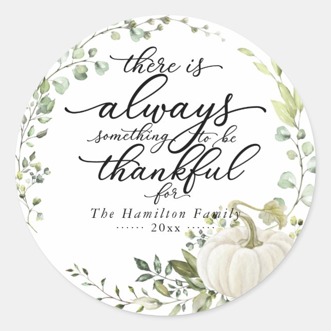 Chic Calligraphy Greenery Wreath Thanksgiving Classic Round Sticker (Front)