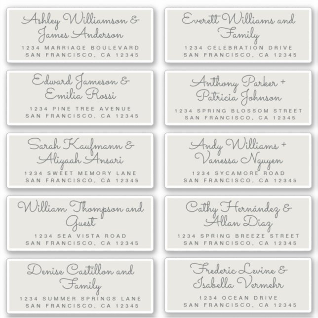 Chic Calligraphy Grey Guest Address Labels (Front)