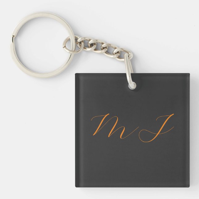 Chic calligraphy grey orange monogram name initial key ring (Front)