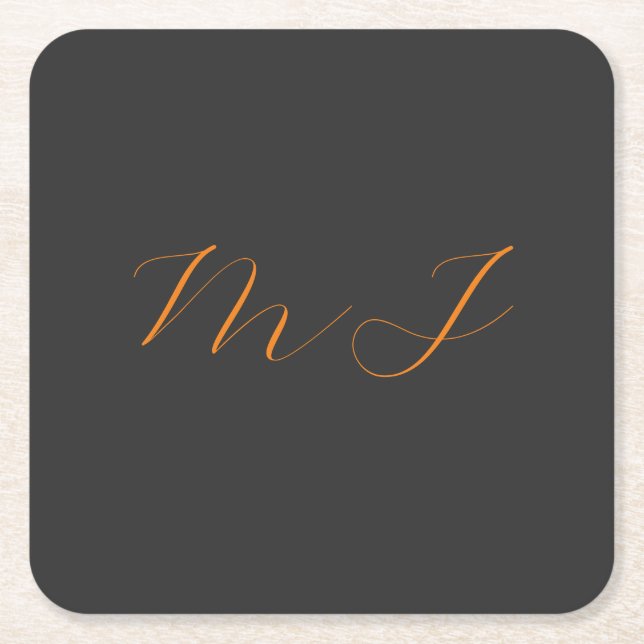 Chic calligraphy grey orange monogram name initial square paper coaster (Front)
