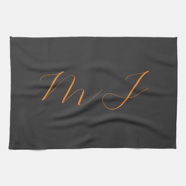 Chic calligraphy grey orange monogram name initial tea towel (Horizontal)