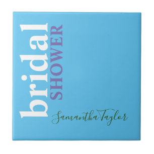 Chic Calligraphy Minimalist Bridal Shower Blue Ceramic Tile