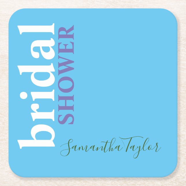 Chic Calligraphy Minimalist Bridal Shower Blue Square Paper Coaster (Front)