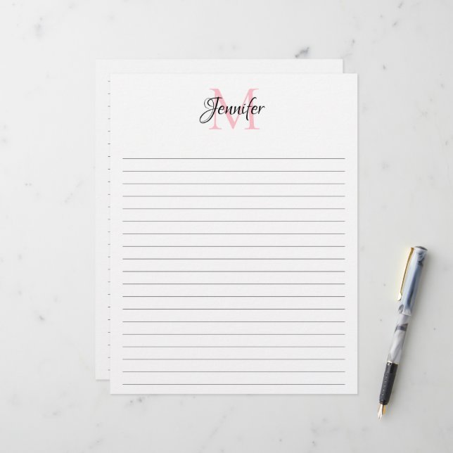 Chic Calligraphy Minimalist Lined Monogram Custom Letterhead (Front/Back In Situ)