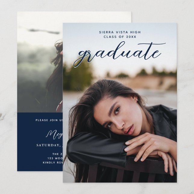 Chic Calligraphy Navy Blue Two Photo Graduation Invitation (Front/Back)