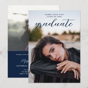 Chic Calligraphy Navy Blue Two Photo Graduation Invitation