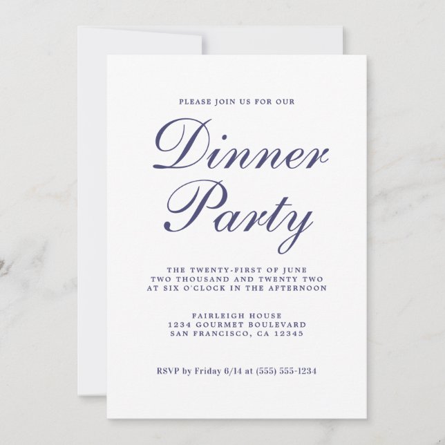 Chic Calligraphy Navy Blue White Dinner Party Invitation (Front)