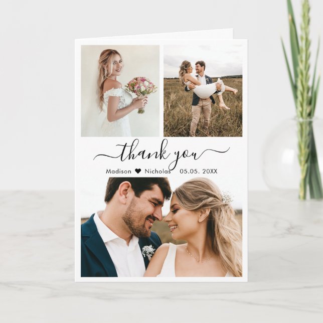 Chic Calligraphy Photo Collage Wedding Thank You  (Front)