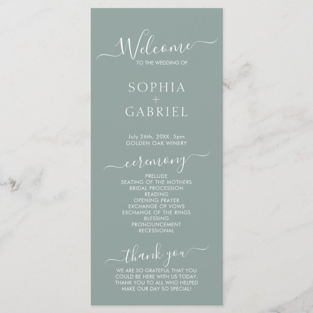 Chic Calligraphy Sage Green Wedding Ceremony Program (Front)