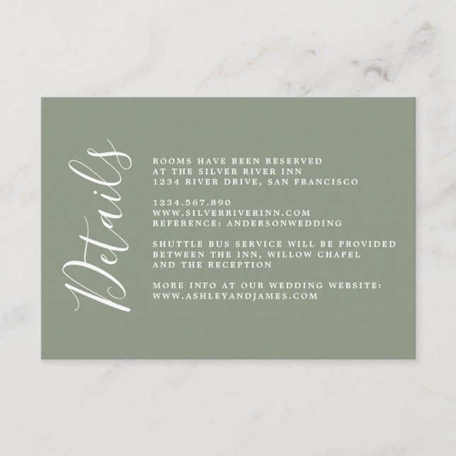 Chic Calligraphy Sage Green Wedding Details Enclosure Card (Front)