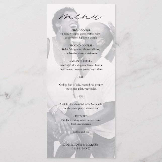 Chic Calligraphy Simple Elegant Photo Wedding Menu (Front)