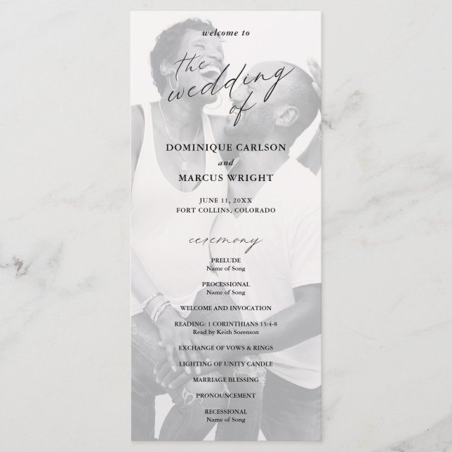 Chic Calligraphy Simple Photo Wedding Program (Front)