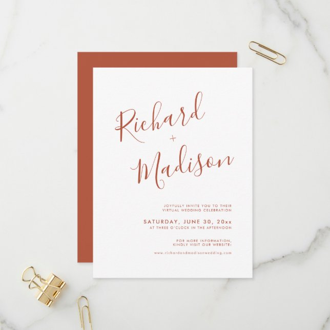 Chic Calligraphy Terracotta Photo Virtual Wedding  Invitation Postcard (Front/Back In Situ)