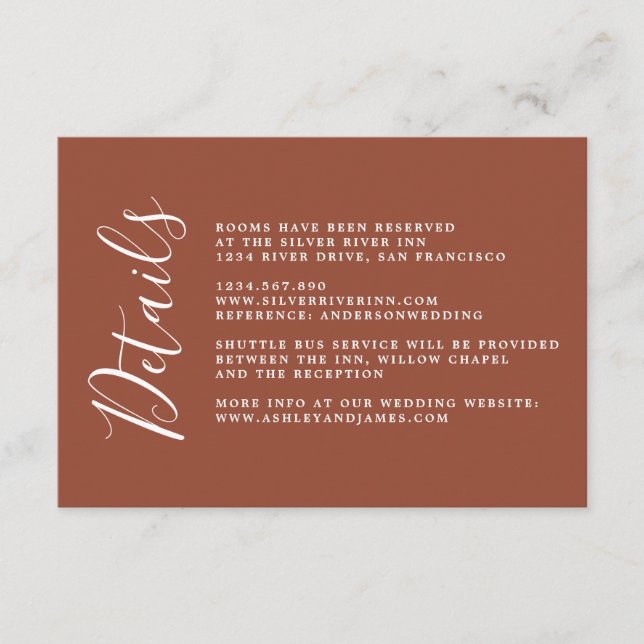 Chic Calligraphy TerraCotta Wedding Details Enclosure Card (Front)