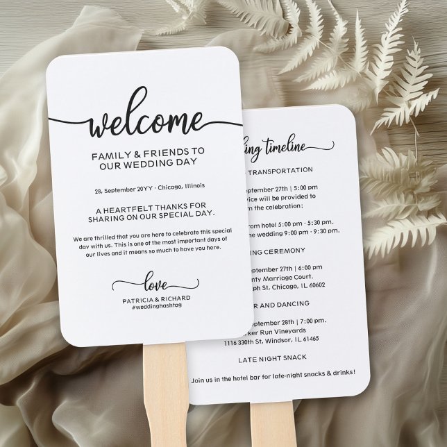 Chic Calligraphy Wedding Day Timeline Hand Fan (Creator Uploaded)