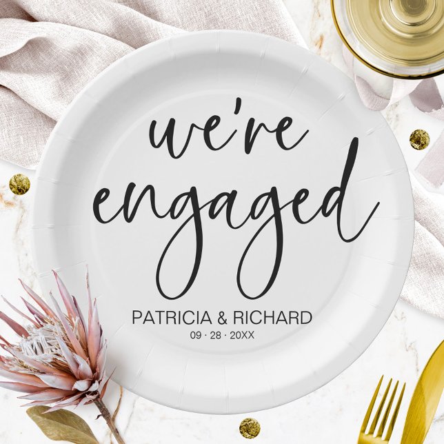 Chic Calligraphy We're Engaged Engagement Party Paper Plate (Creator Uploaded)